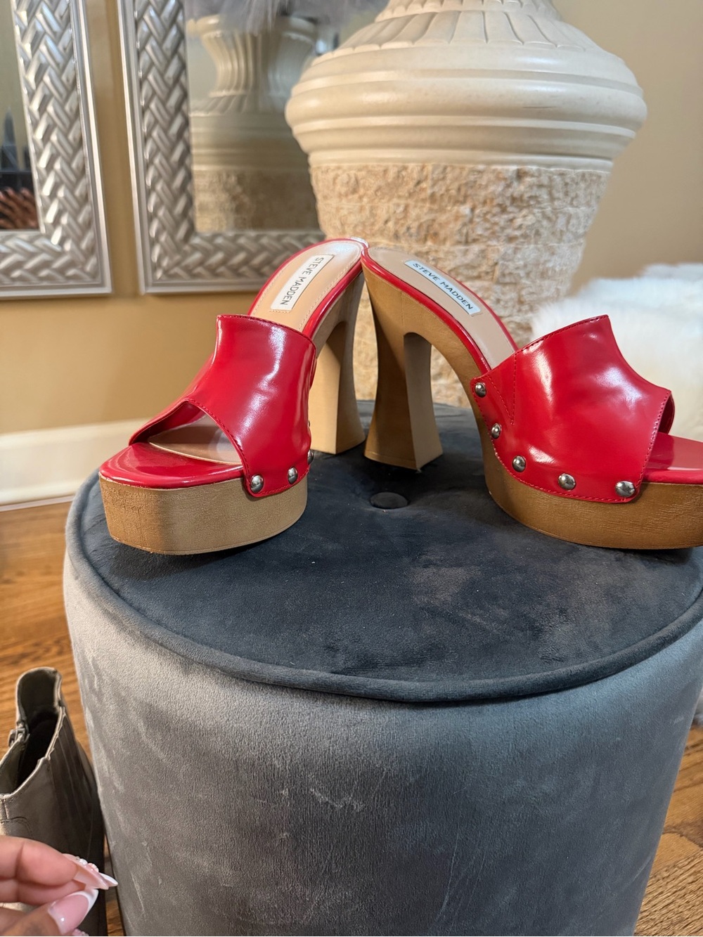 Marc Fisher Red Patent Platform Mule Sandals with Stud Accents